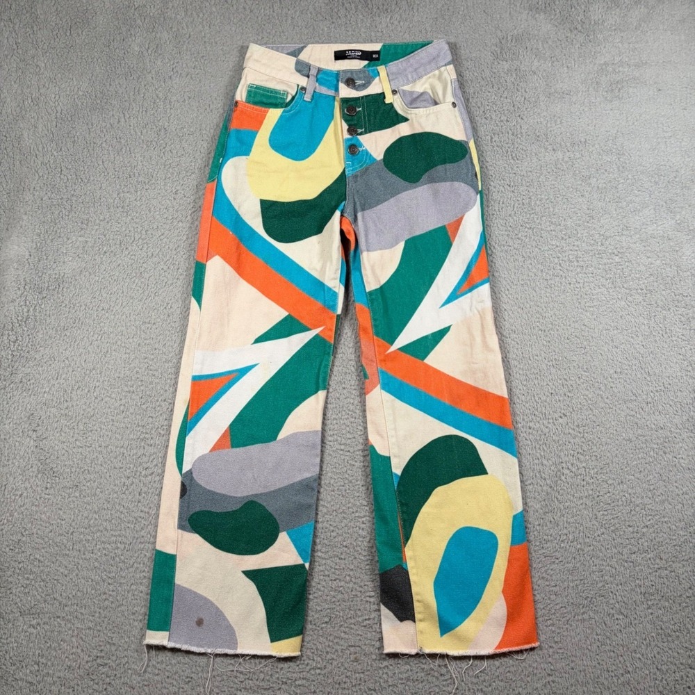 Jaded London W24 Abstract Print High Rise Wide Leg Jeans Multicolor Button Fly